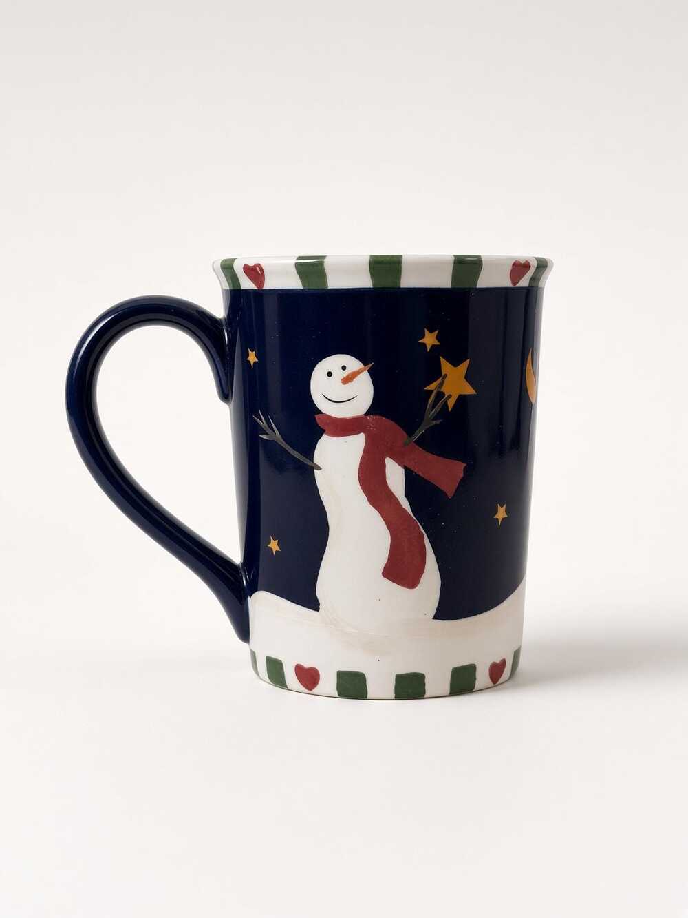 Sonoma Navy Snowman Coffee Mug, Vintage Star Holiday Cup, Red Scarf Winter Ware